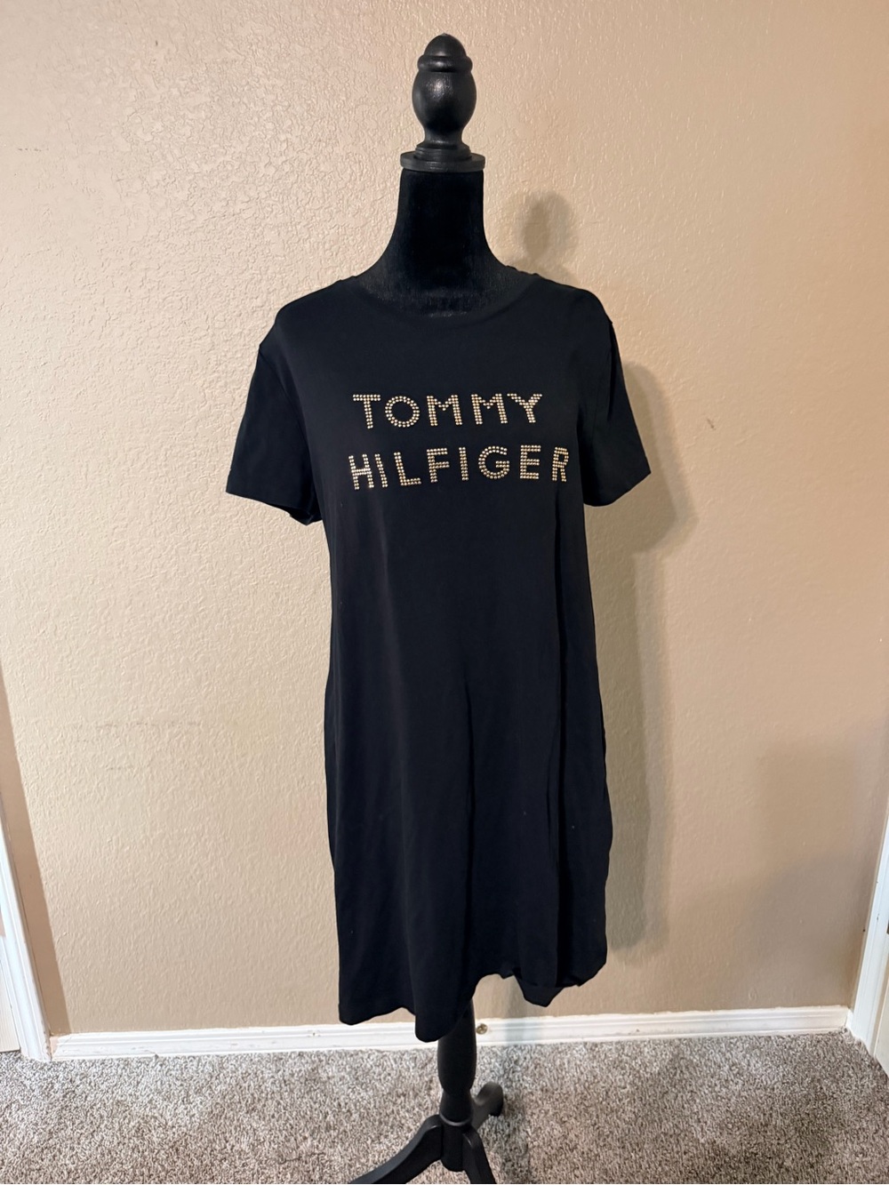 Tommy Hilfiger Black Logo Tee Dress with Rhinestone Lettering